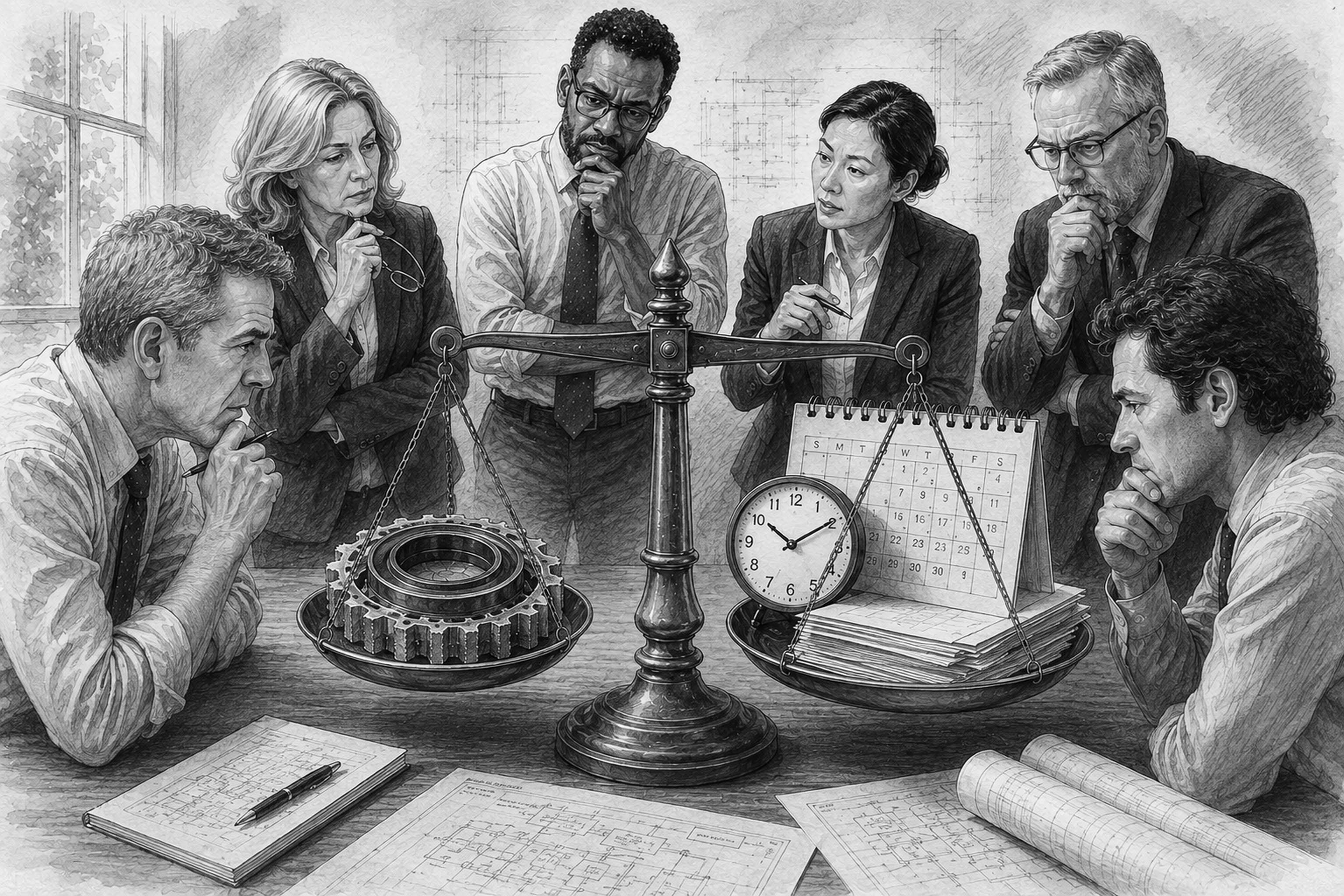 A team gathered around a shared problem, using multiple perspectives to examine a decision
