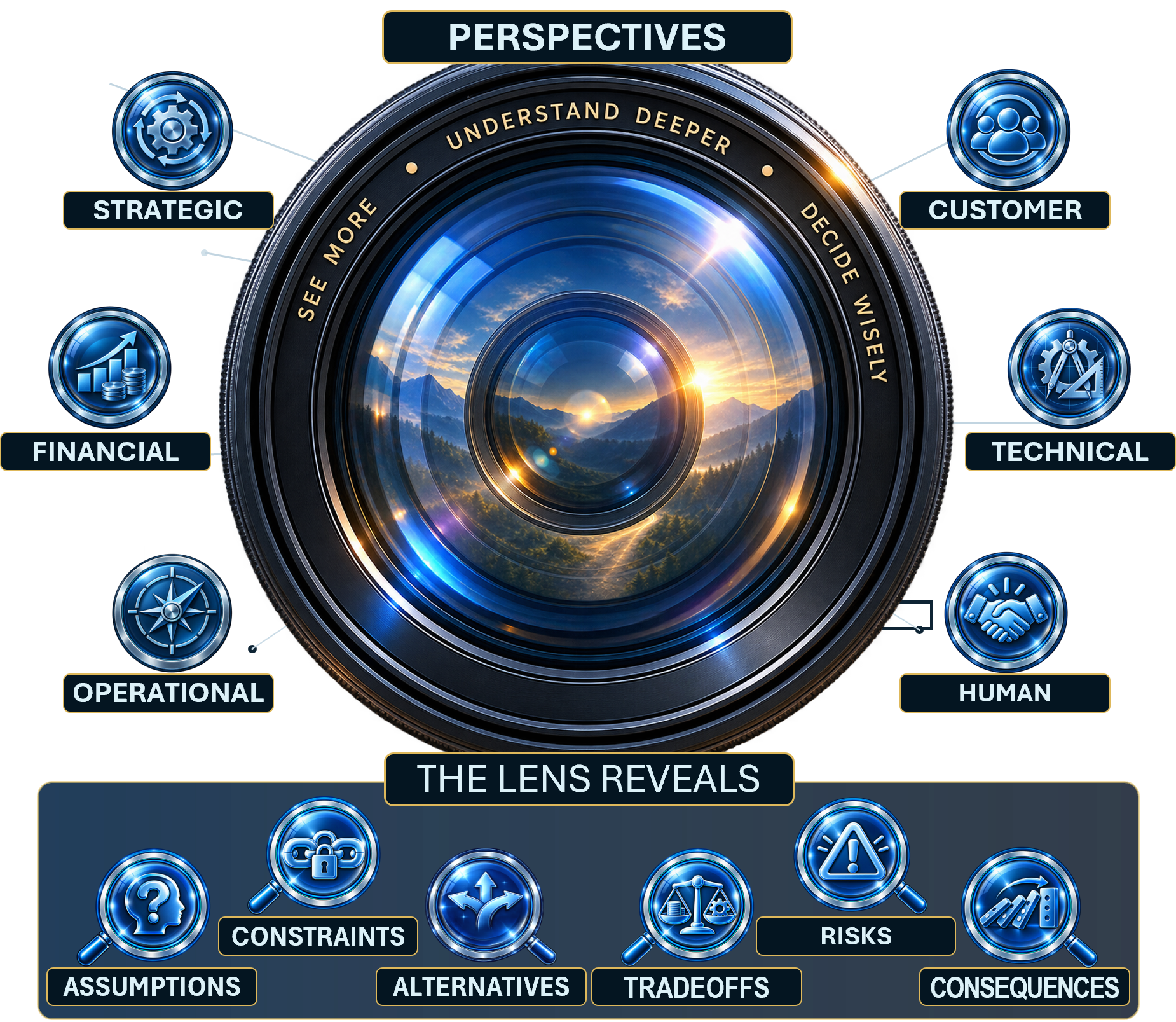 The Decision Lens showing six decision perspectives and six things the lens reveals