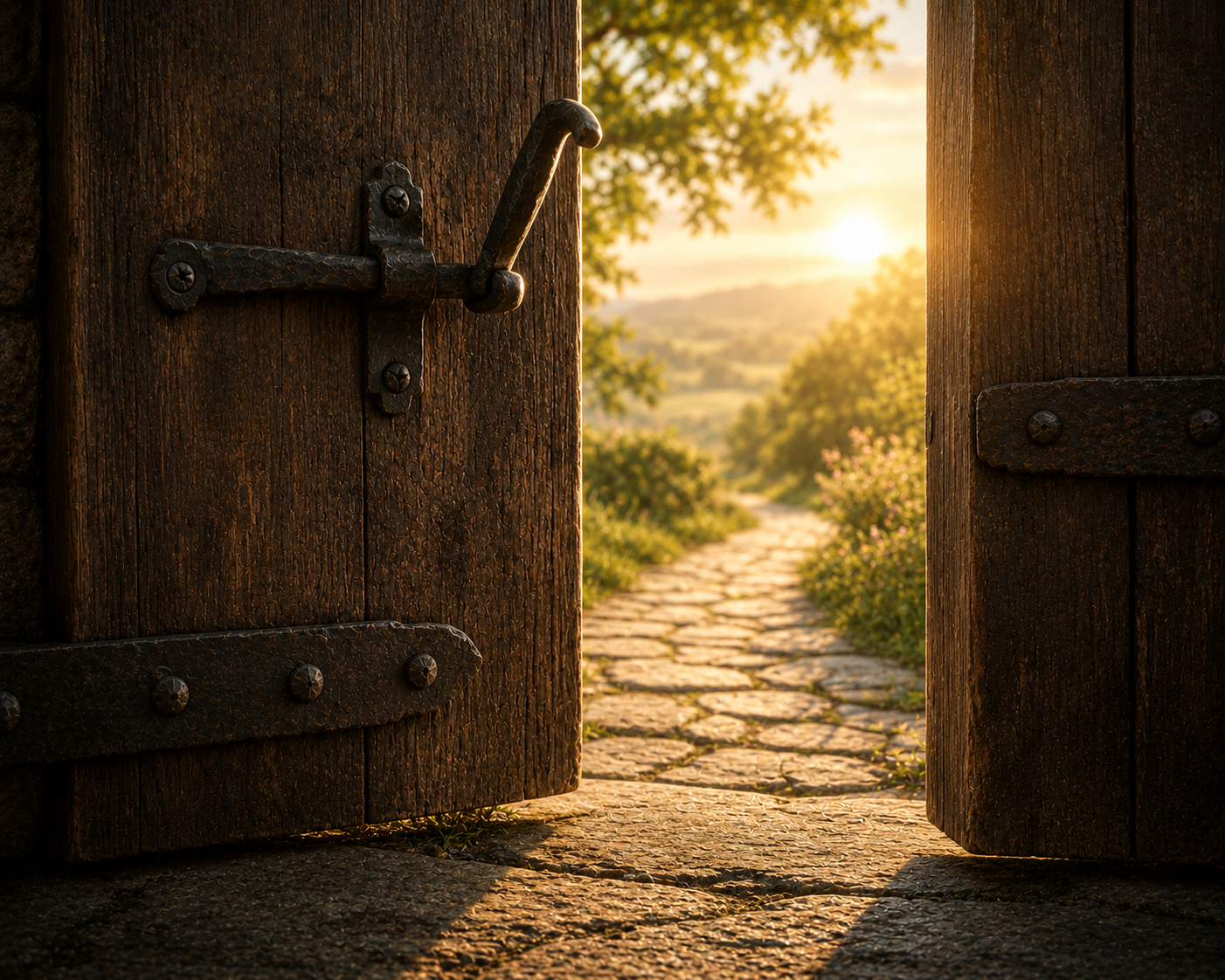 An open doorway leading toward a sunlit path, representing possibility before commitment