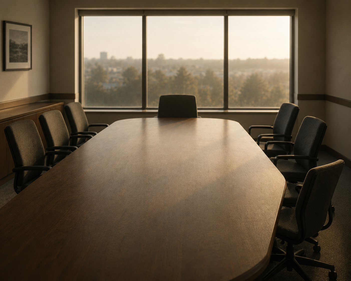 An empty conference table awaiting the next decision
