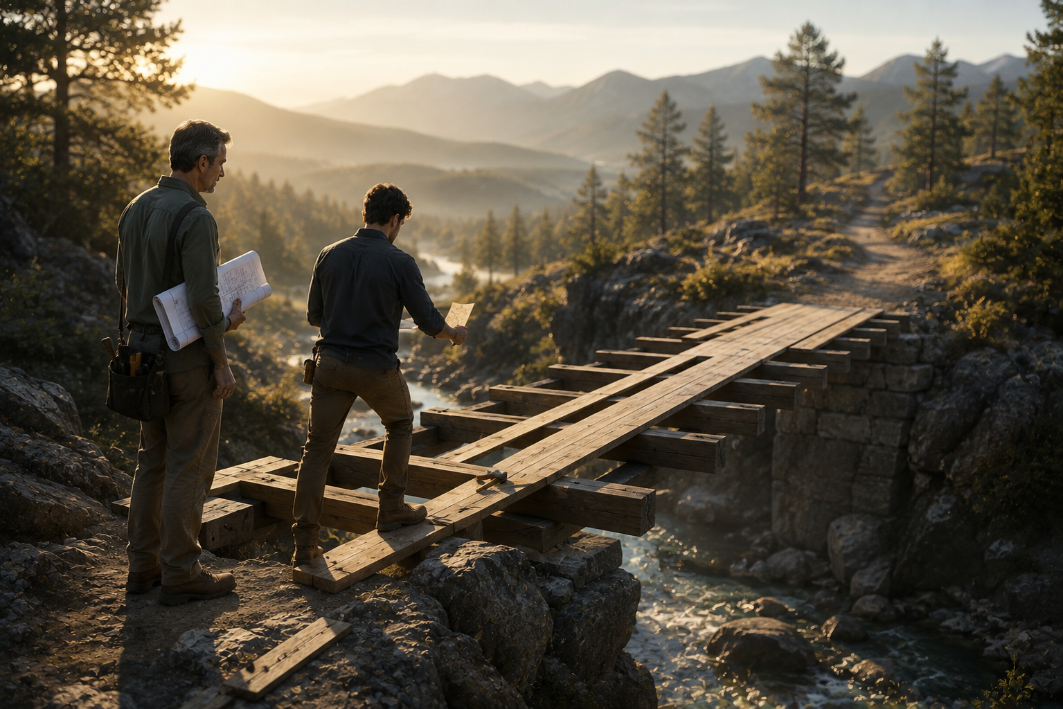 Two people building a bridge together, illustrating the work of building capability
